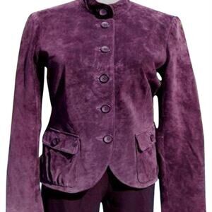 Cache Purple Fitted Leather Suede Jacket Top New Lined Banded Collar $248 NWT